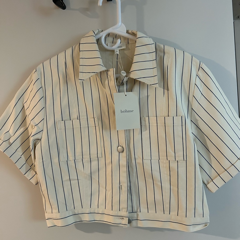 böhme Cream Shirt with Navy Pinstripes